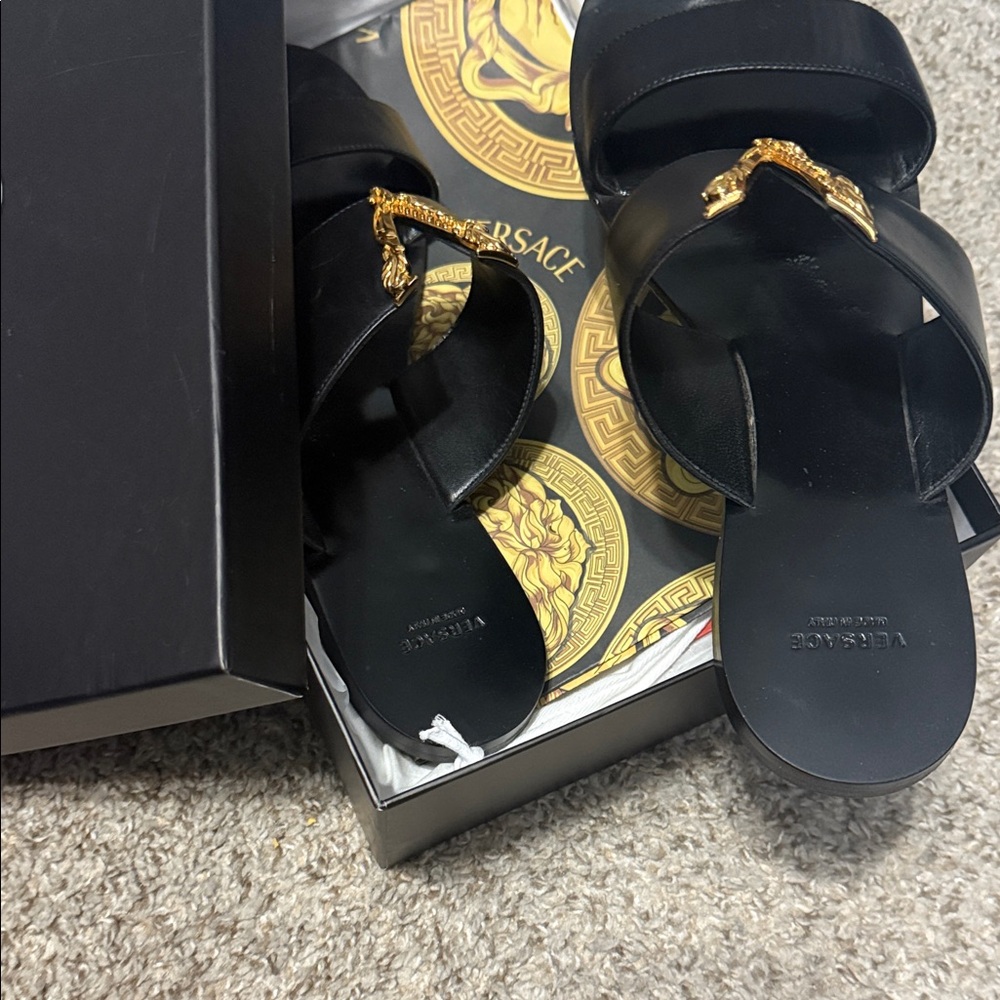 Versace Women’s Black Sandals with Gold Detail